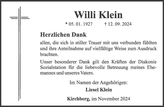 Traueranzeige von Willi Klein von WochenSpiegel