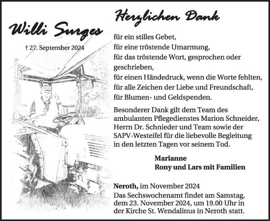 Traueranzeige von Willi Sunges von WochenSpiegel