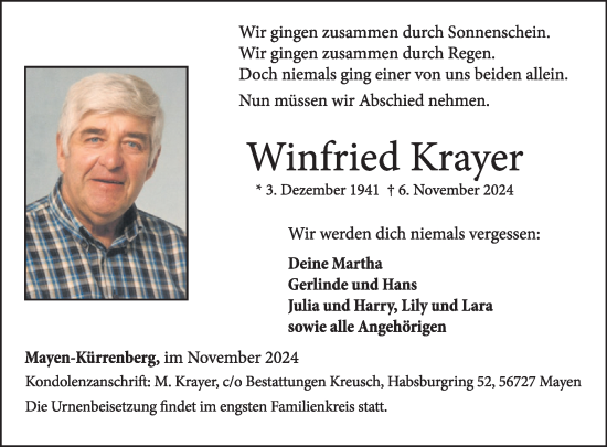 Traueranzeige von Winfried Krayer von WochenSpiegel