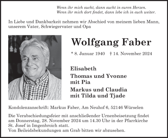 Traueranzeige von Wolfgang Faber von WochenSpiegel