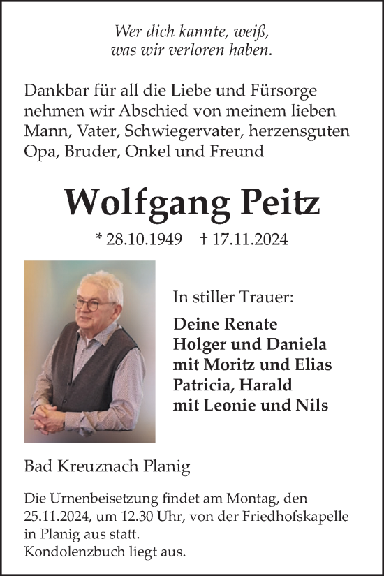 Traueranzeige von Wolfgang Peitz von WochenSpiegel