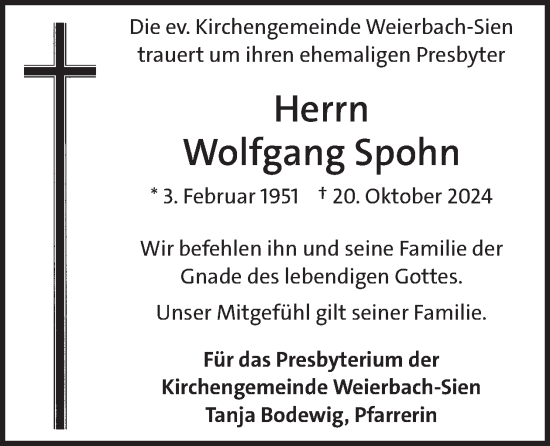 Traueranzeige von Wolfgang Spohn von WochenSpiegel