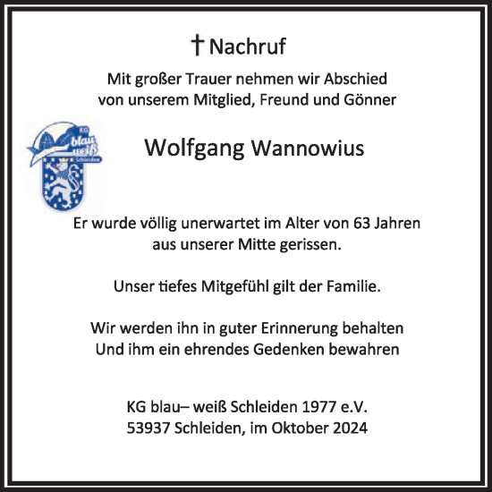 Traueranzeige von Wolfgang Wannowius von WochenSpiegel