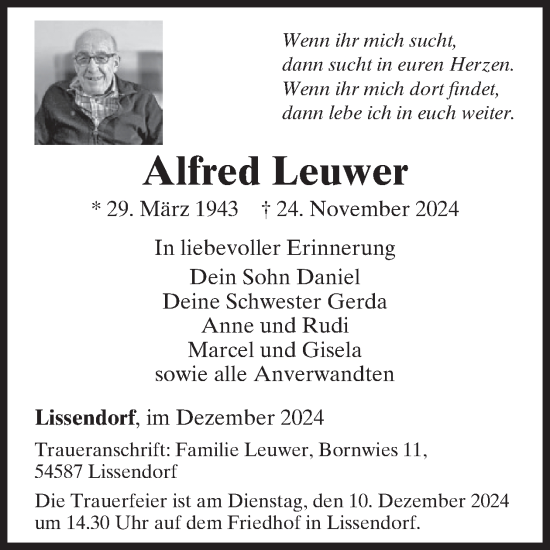 Traueranzeige von Alfred Leuwer von WochenSpiegel