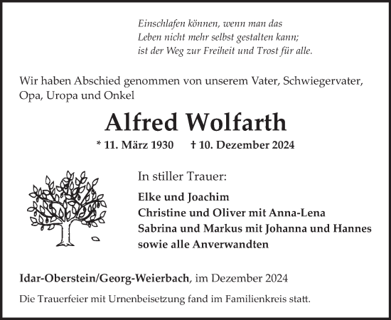 Traueranzeige von Alfred Wolfarth von WochenSpiegel