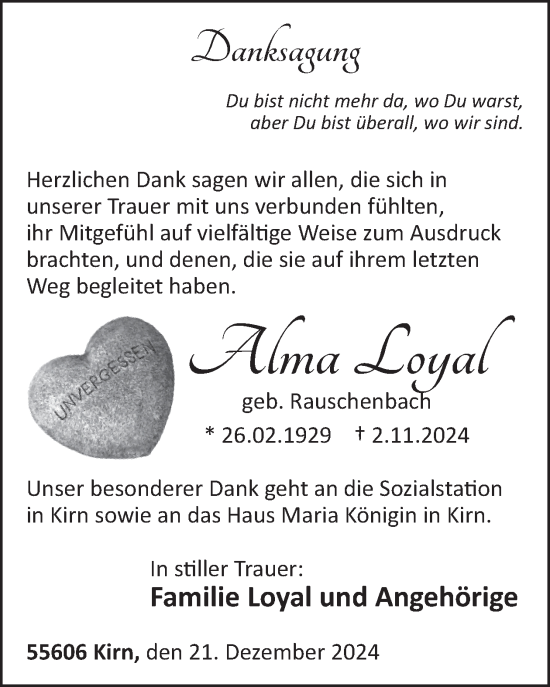 Traueranzeige von Alma Loyal von WochenSpiegel