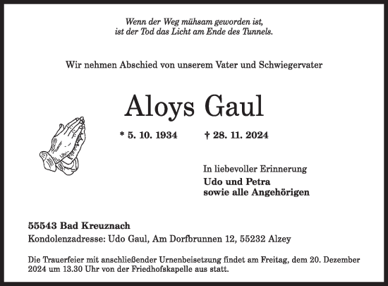 Traueranzeige von Aloys Gaul von WochenSpiegel