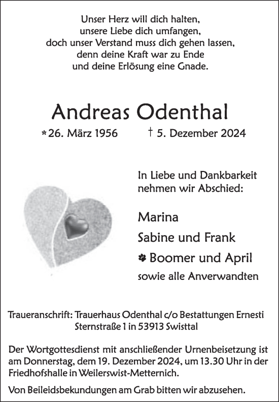 Traueranzeige von Andreas Odenthal von WochenSpiegel