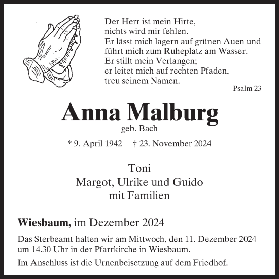 Traueranzeige von Anna Malburg von WochenSpiegel