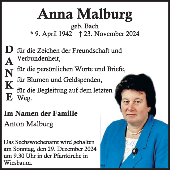 Traueranzeige von Anna Malburg von WochenSpiegel