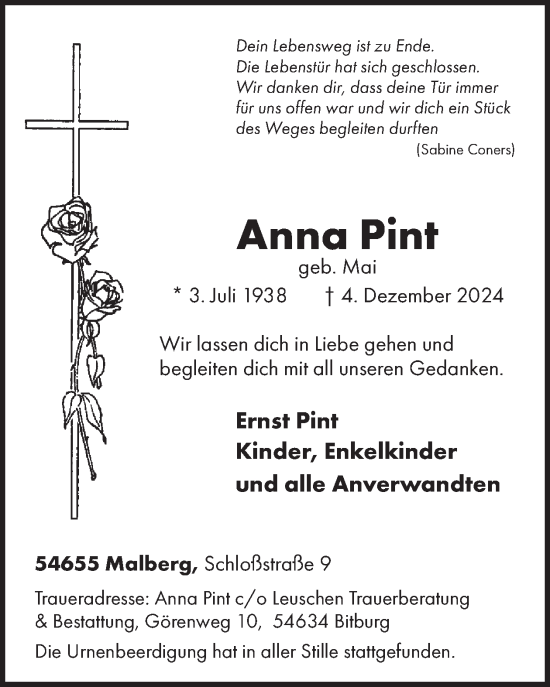 Traueranzeige von Anna Pint von WochenSpiegel