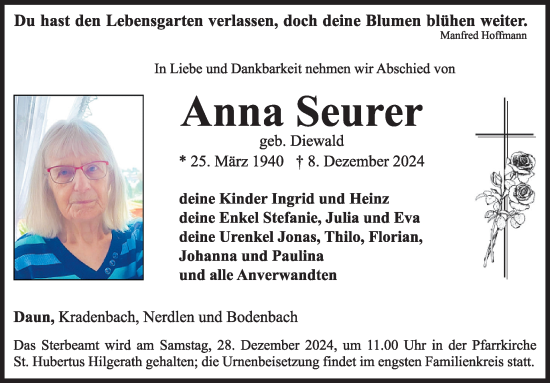 Traueranzeige von Anna Seurer von WochenSpiegel