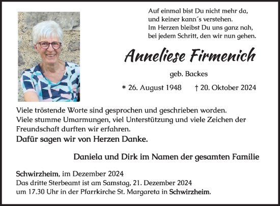 Traueranzeige von Anneliese Firmenich von WochenSpiegel