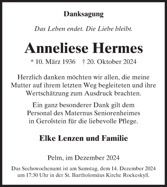 Traueranzeige von Anneliese Hermes von WochenSpiegel