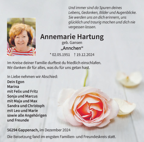 Traueranzeige von Annemarie Hartung von WochenSpiegel