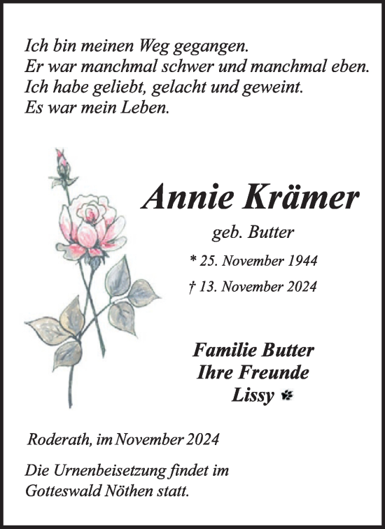 Traueranzeige von Annie Krämer von WochenSpiegel