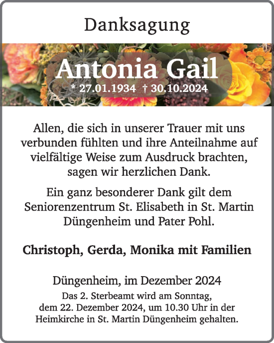 Traueranzeige von Antonia Gail von WochenSpiegel