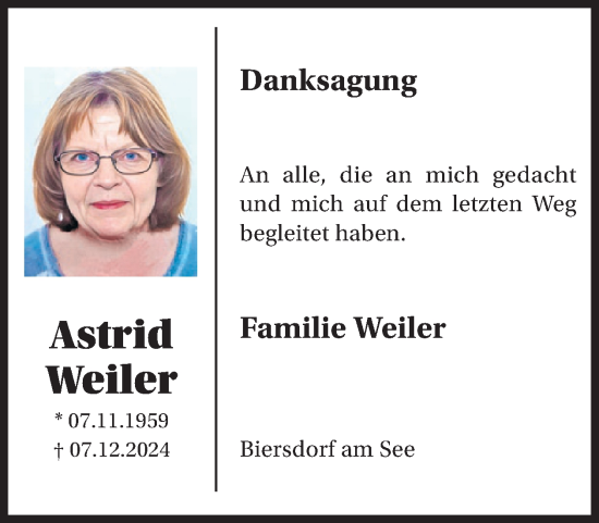 Traueranzeige von Astrid Weiler von WochenSpiegel