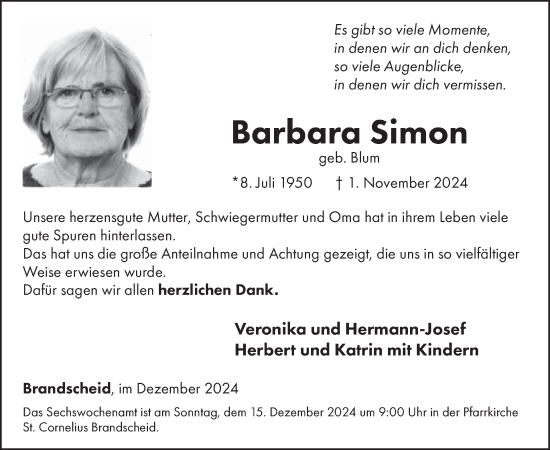 Traueranzeige von Barbara Simon von WochenSpiegel