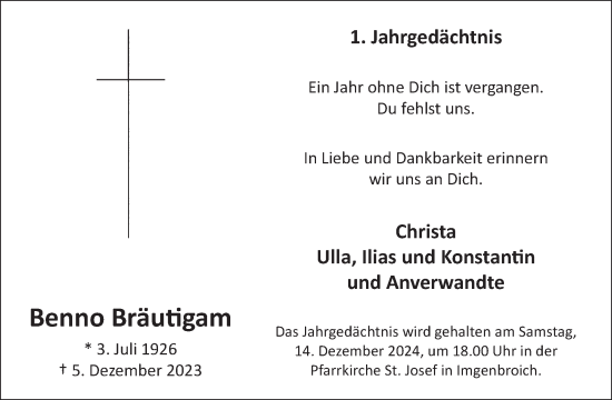 Traueranzeige von Benno Bräutigam von WochenSpiegel