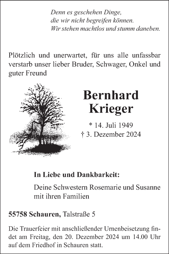 Traueranzeige von Bernhard Krieger von WochenSpiegel