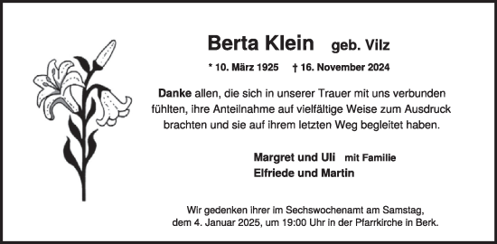 Traueranzeige von Berta Klein von WochenSpiegel