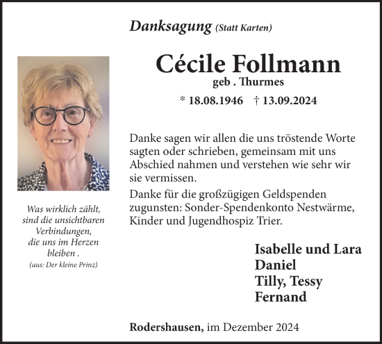 Traueranzeige von Cecile Follmann von WochenSpiegel