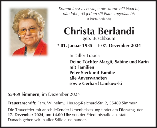 Traueranzeige von Christa Berlandi von WochenSpiegel