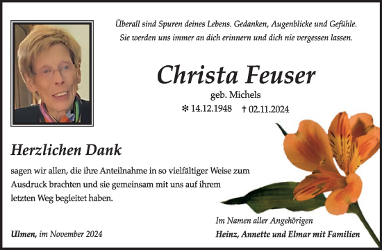 Traueranzeige von Christa Feuser von WochenSpiegel