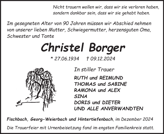 Traueranzeige von Christel Borger von WochenSpiegel