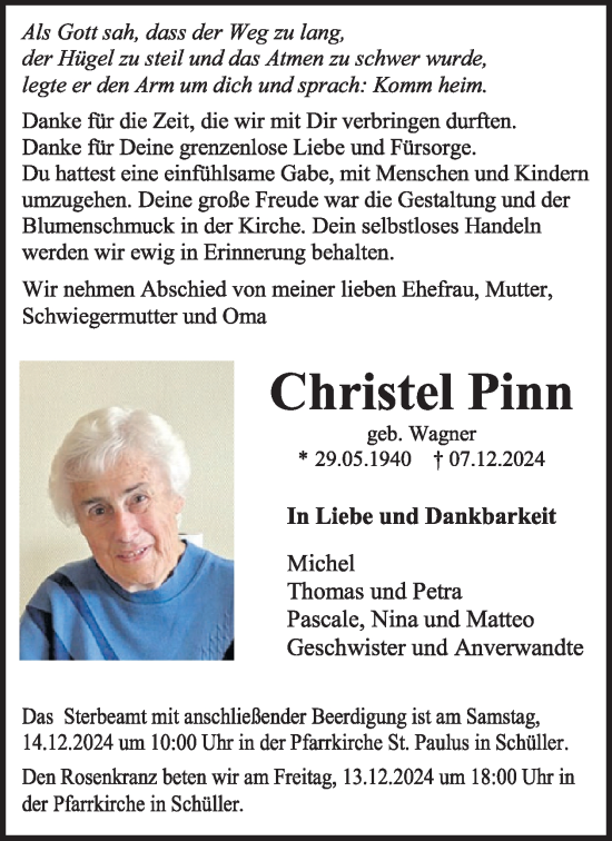 Traueranzeige von Christel Pinn von WochenSpiegel