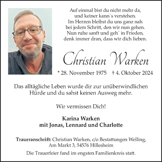 Traueranzeige von Christian Warken von WochenSpiegel