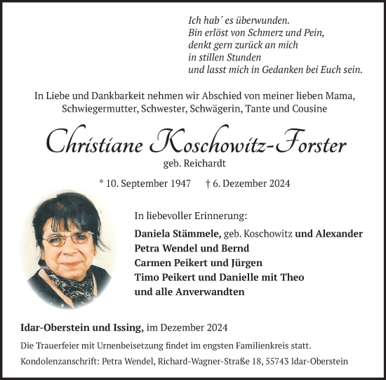 Traueranzeige von Christiane Koschowitz-Forster von WochenSpiegel