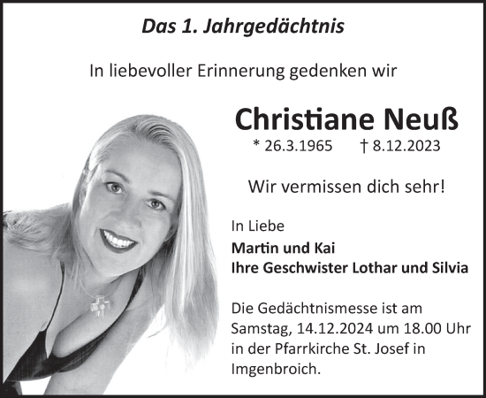 Traueranzeige von Christiane Neuß von WochenSpiegel