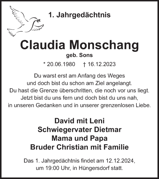 Traueranzeige von Claudia Monschang von WochenSpiegel