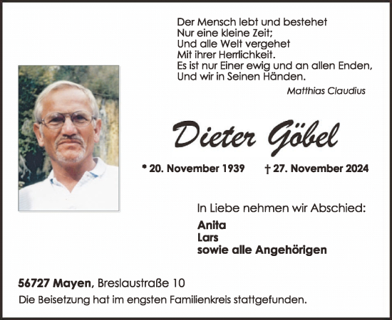 Traueranzeige von Dieter Göbel von WochenSpiegel