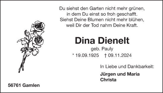 Traueranzeige von Dina Dienelt von WochenSpiegel