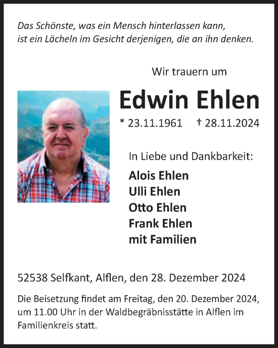 Traueranzeige von Edwin Ehlen von WochenSpiegel