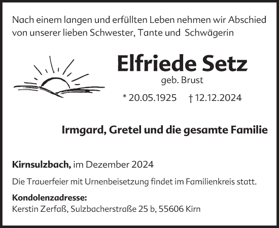 Traueranzeige von Elfriede Setz von WochenSpiegel