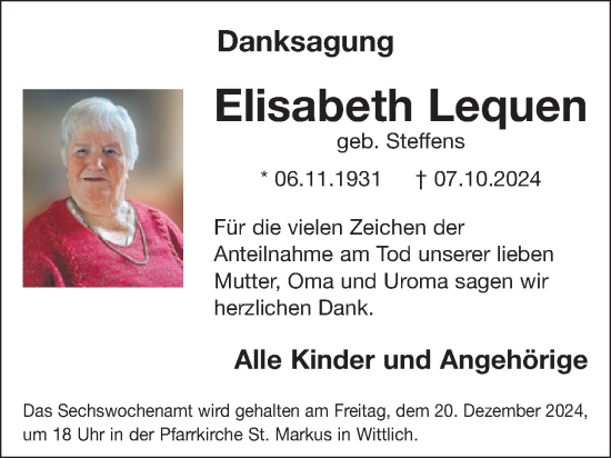 Traueranzeige von Elisabeth Lequen von WochenSpiegel