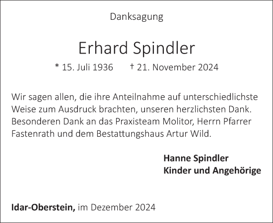 Traueranzeige von Erhard Spindler von WochenSpiegel