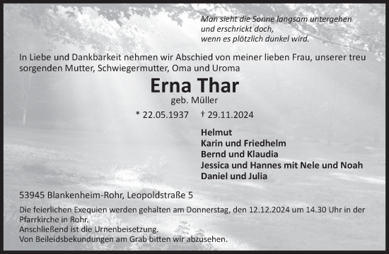 Traueranzeige von Erna Thar von WochenSpiegel