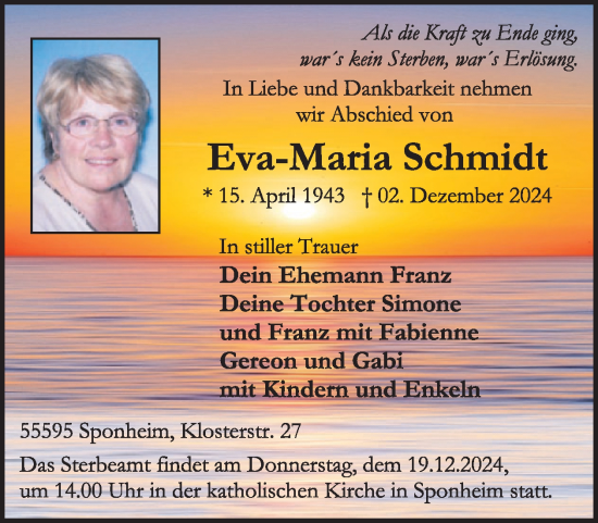 Traueranzeige von Eva-Maria Schmidt von WochenSpiegel