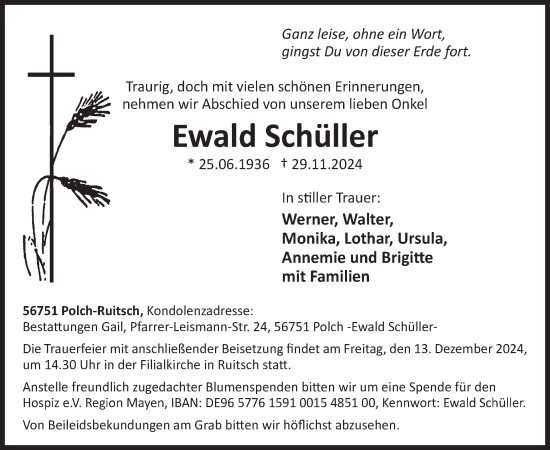 Traueranzeige von Ewald Schüller von WochenSpiegel