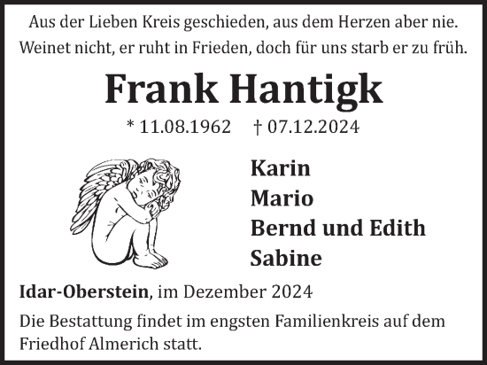 Traueranzeige von Frank Hantigk von WochenSpiegel