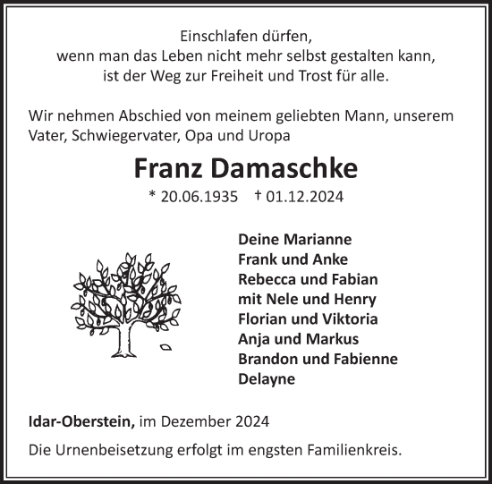 Traueranzeige von Franz Damaschke von WochenSpiegel