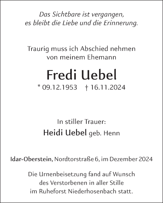 Traueranzeige von Fredi Uebel von WochenSpiegel