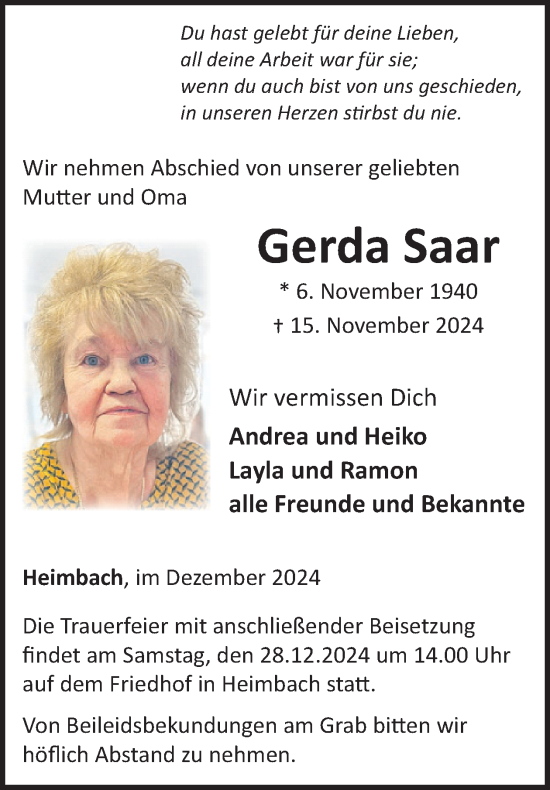 Traueranzeige von Gerda Saar von WochenSpiegel