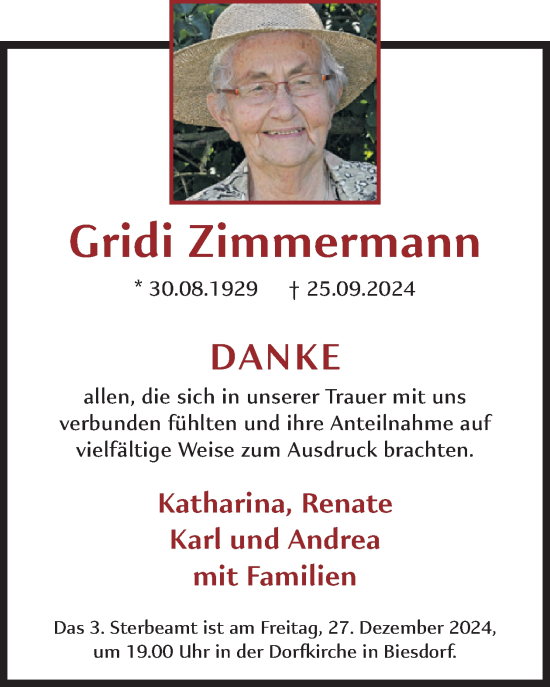 Traueranzeige von Gridi Zimmermann von WochenSpiegel