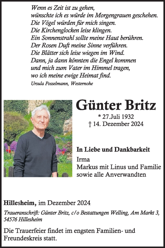 Traueranzeige von Günter Britz von WochenSpiegel